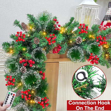 Remote Control - 9 Ft Prelit Christmas Garland 50 Lights Timer 8 Mode Thick 300 Branches 198 Red Berry 18 Pinecone Battery Operated Cedar Garland Outdoor Christmas Garland for Stairs Indoor Xmas Decor