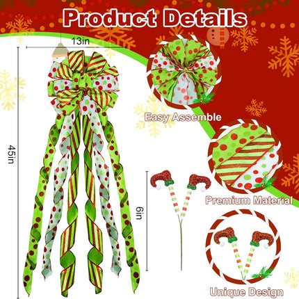 Christmas Tree Topper Wreath Bow with Elf Legs, 52×12Inch Large Toppers Bow Red Green Dot Glitter Ribbon for Christmas Tree Decorations Xmas Ornament Holiday Festival Home Indoor Outdoor Decor