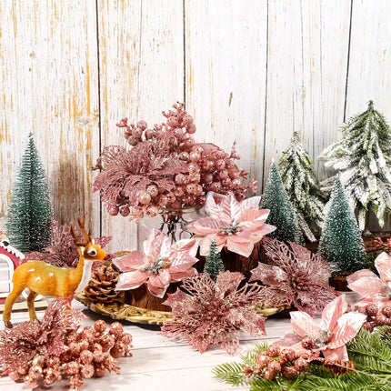 36 Pcs Christmas Poinsettia Flower 3 Styles Glitter Artificial Poinsettia Flowers Glitter Berries Stems Wedding Xmas Tree Flowers Ornaments for Christmas Party DIY Wreath Floral Decorations(Rose Gold)