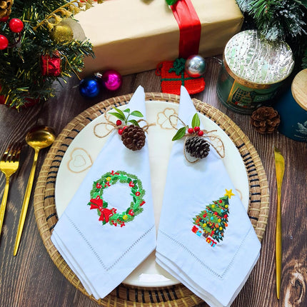 Embroidered Cotton Table Napkin, Cloth Napkins Set of 4 18"x18" Mix Snowman & Laurel Wreath Christmas Napkin, Dining Room, Napkins Cloth Machine Washable, Christmas Napkins, Great Present Ideas