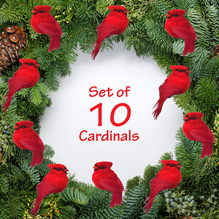 BANBERRY DESIGNS Cardinal Clip-On Christmas Ornaments - Decorations - Red Velvet & Feathers - Set of 10 Pieces - Each Bird is 3" Long