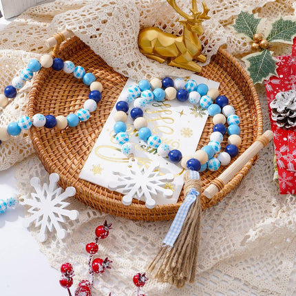 Whaline 2Pcs Winter Wood Beads Garland with Snowflake Pendants Blue White Buffalo Plaids Rustic Farmhouse Xmas Hanging Ornament Snow Flake Beads for Winter Tiered Tray Fireplace Home Decor