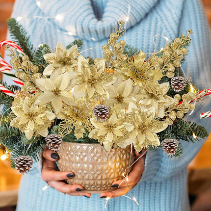 CNhoqc 115pcs Christmas Tree Decoration Accessories, Set of Gold Glitter Artificial Flower, Berry Picks, Pine Cones, Stems, Christmas Poinsettia Flower for Xmas Tree Wreath Wedding Party Decor (Gold)