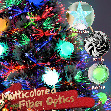 Pre-Lit Fiber Optic Christmas Tree,22'' Tabletop Small Mini Artificial Xmas Tree with Balls,RGB Lights,Treetop, Battery/USB Powered White Tiny Fake Xmas Tree Decorations for Desktop,Holiday