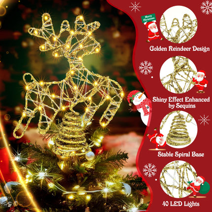 Lighted Reindeer Christmas Tree Topper, 10" 40 LED 2D Deer Christmas Tree Topper with Warm Lights, 8 Lighting Mode with Timer for Christmas, Holiday, Winter Home Decor, USB Plug in/Wire 9.84Ft