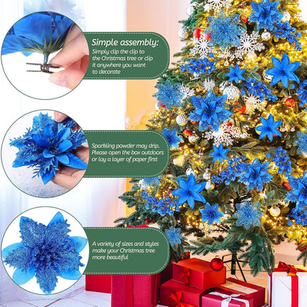 Zeyune 36 Pcs Christmas Poinsettia Artificial Flowers Decorations Glitter Poinsettia with Clips for Christmas Tree Ornaments Xmas Holiday Wedding Garland Party Decor 6 Inch 4 Inch 3 Inch (Royal Blue)