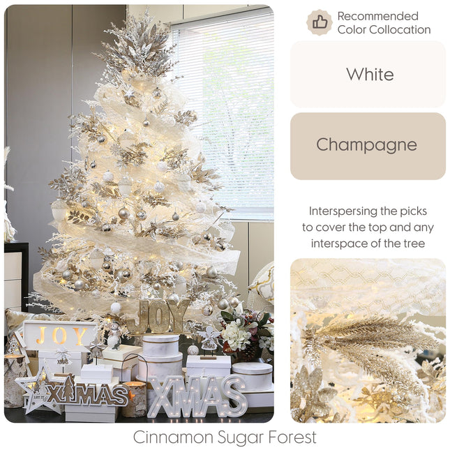 Sea Team 6-Pack Artificial Glitter Pine Twigs, Spruce Stem Ornaments, Decorative Sticks, Picks, Branches for Christmas Tree, Wreath, Vase Fillers for Centerpieces, Home Décor, Champagne