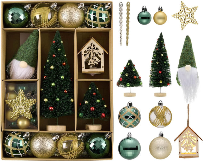 DecorbyHannah 70ct Christmas Ornaments Set, Shatterproof Decorative Green Gold Christmas Tree Decorations with Small Xmas Tree, Gnome and Wooden Lighted Bird House for Home Party Halloween Decor