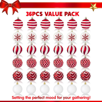 Joiedomi 36 Pcs Red and White Christmas Ball Ornaments Set, 2.36” Shatterproof Christmas Hanging Tree Decoration, Xmas Balls Ornaments for Tree Present Banister Wreath Garland Indoor Party Supplies