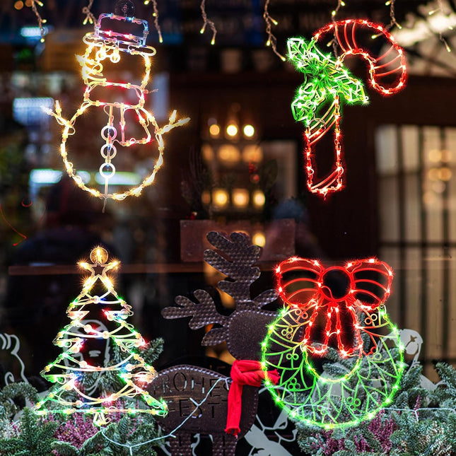 Christmas Window Decorations Lighted, 4 Pack 16" Plug-in Christmas Window Silhouette Lights for Christmas Holiday Indoor Wall Decorations (Cane & Wreath & Xmas Tree & Snowman)