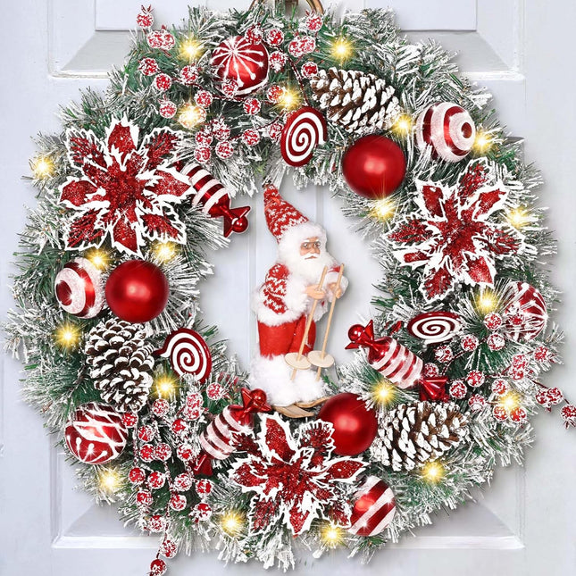 Christmas Wreaths for Front Door, 18" Lighted Christmas Wreath with Skiing Santa Claus, Red Poinsettias Christmas Wreath with Lights, Christmas Door Wreath for Indoor Outdoor Decoration