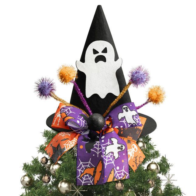 Zainpe Christmas Tree Topper Hat Ghost Pattern Black Felt Wizard Hat with Purple Orange Bow Adjustable Glitter Pom-poms Xmas Holiday Decoration Party Supplies for Indoor Outdoor Home