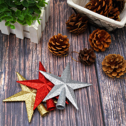 Aneco 3 Pack 4 Inches Glittered Mini Star Christmas Tree Topper Star Treetop for Small Christmas Tree Ornaments, Gold, Silver and Red