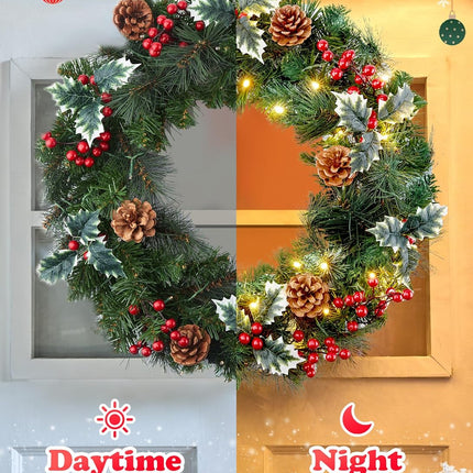 24 Inch Pre-Lit Artificial Christmas Wreath, Battery Operated LED Christmas Wreath with Pine Needles Branches Hari Leaves Red Berry Pine Cones Lighted Wreath for Front Door Wall Windows X-mas Ornament