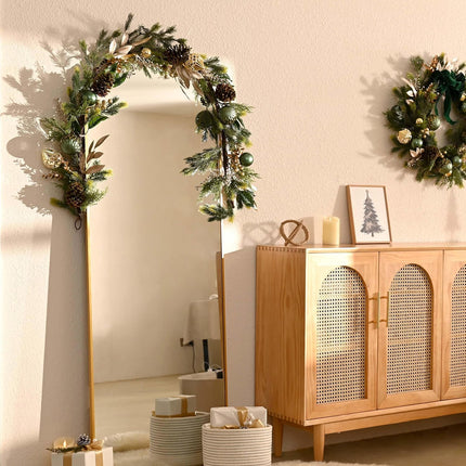 Decorbyhannah Christmas Garland with Lights, 6ft Lighted Artificial Greenery Garland Christmas Decorations with Pinecone and Green Gold Ornaments, Battery Operated Christmas Garland Indoor for Mantle