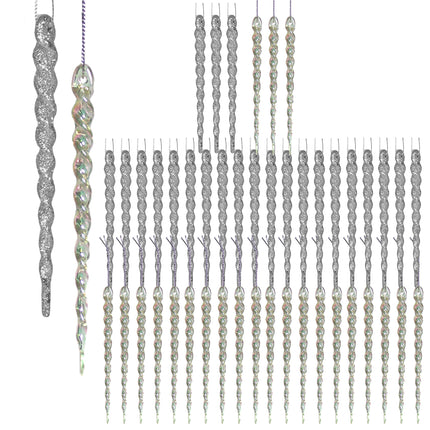 Icicle Ornaments for Christmas Tree - Set of 48 Assorted Shatterproof Icicles - 24 Glitter Silver Icicles and 24 Clear Iridescent Icicles - 5" Long