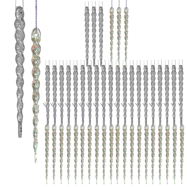 Icicle Ornaments for Christmas Tree - Set of 48 Assorted Shatterproof Icicles - 24 Glitter Silver Icicles and 24 Clear Iridescent Icicles - 5" Long