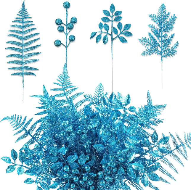 40 Pcs Christmas Glitter Artificial Picks Set Christmas Leaf Sprays Cedar Picks Glitter Berries Stems Tropical Leaf Pine Needles Christmas Stems Branches for Christmas Tree Vase Home(Blue)