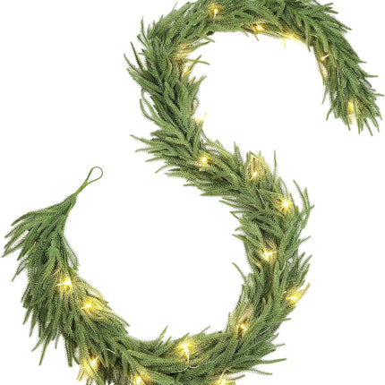 Perfnique 6 Ft Christmas Norfolk Pine Garland with Lights, Outdoor/Indoor Greenery Garland Artificial Winter Garland, Real Touch Garland for Mantle Fireplace Table Wall Home Holiday Seasonal Decor