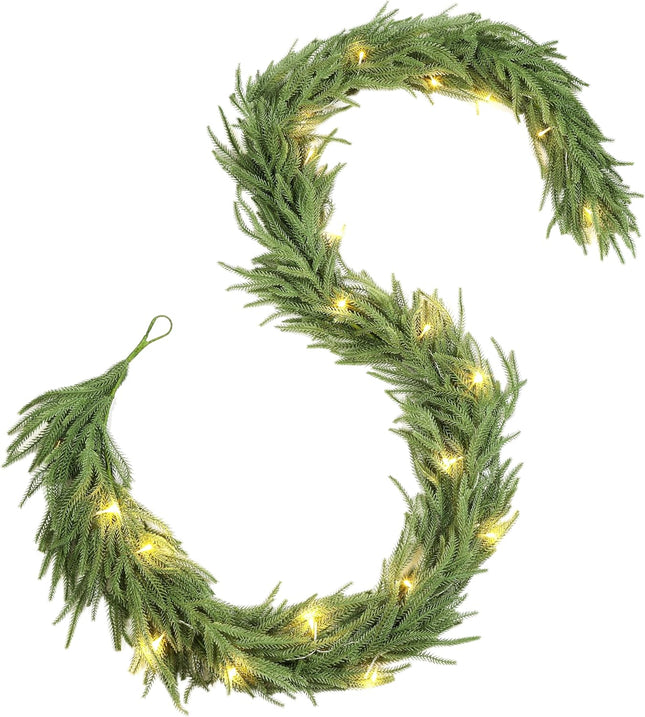 Perfnique 6 Ft Christmas Norfolk Pine Garland with Lights, Outdoor/Indoor Greenery Garland Artificial Winter Garland, Real Touch Garland for Mantle Fireplace Table Wall Home Holiday Seasonal Decor