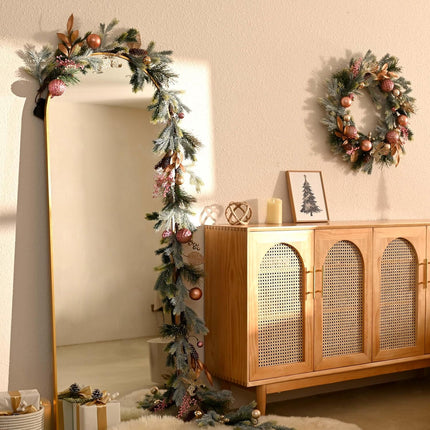 Decorbyhannah Christmas Garland with Lights, 9ft Prelit Christmas Garland Decorations with Ornaments, Pinecone and Butterfly, Battery Operated Christmas Garland Indoor for Mantle, Stairs(Pink Gold)