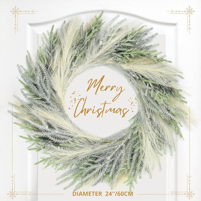Perfnique 24'' Christmas Wreaths for Front Door with Lights, Norfolk Pine Wreath with Pampas Grass, Winter Christmas Outdoor Indoor Wreaths for Wall Window Fireplace Home Holiday Decor