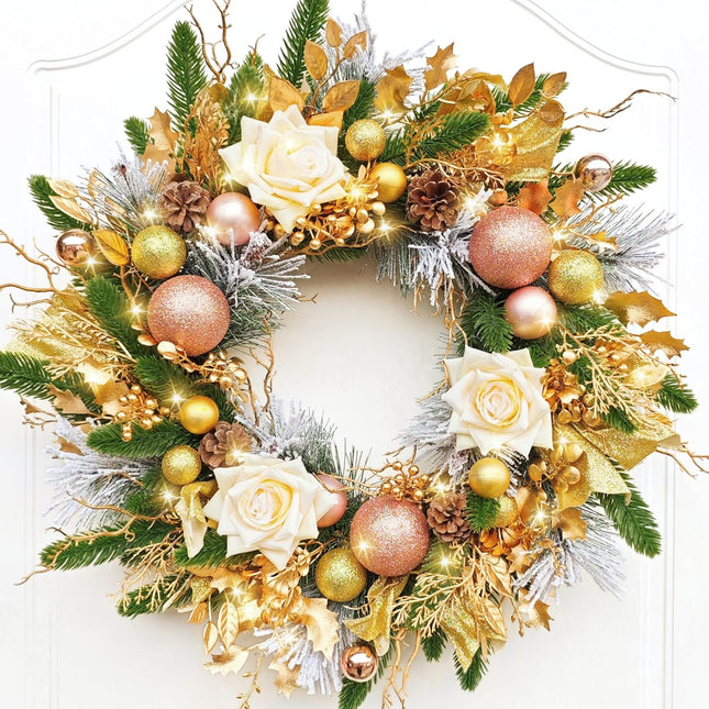 Perfnique 20'' Christmas Wreath for Front Door with Lights, Outdoor Winter Wreath with Champagne Gold Rose and Ball Ornaments, Indoor Artificial Wreath for Wall Window Mantle Home Holiday Decor(Gold)