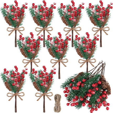 MTLEE 12 Pieces 9.8 Inch Artificial Christmas Tree Picks Berry Pine Branches Christmas Floral Picks Pine Cone and Leaves Stems for Christmas Tree Wreath Garland Decor