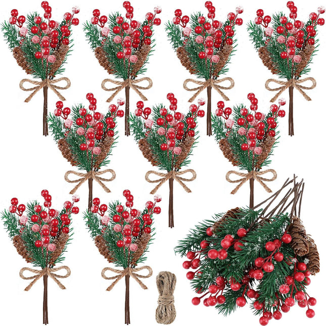 MTLEE 12 Pieces 9.8 Inch Artificial Christmas Tree Picks Berry Pine Branches Christmas Floral Picks Pine Cone and Leaves Stems for Christmas Tree Wreath Garland Decor