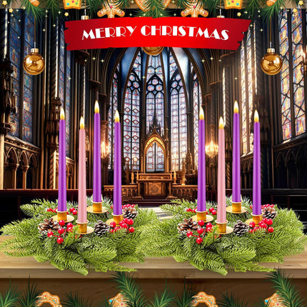 Maxcheck 2 Set 12 Inch Gold Christmas Advent Wreath Candle Holder with 8 Taper Candles Designed with Branch Berry Pinecone Suitable for Christmas Advent Church Home Decoration Table Centerpiece Decor