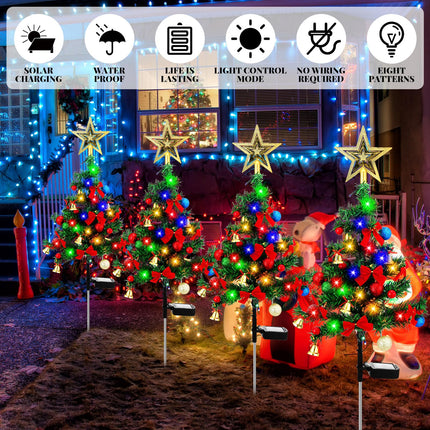 VIHOSE 8 Set 32 Inch Solar Christmas Tree Xmas Garden Stake Light Tree Decor Set with Bell Gold Pastel Ball Red Bow Tie Tree Waterproof Christmas Outdoor Decoration Tree for Yard Pathway Patio Lawn