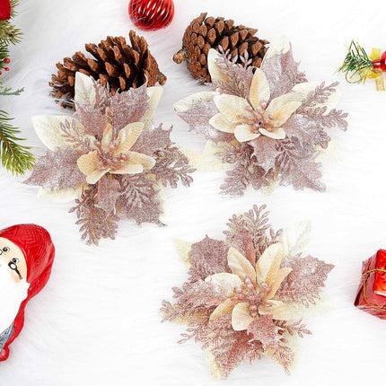 15 Pcs Glitter Poinsettia Artificial Christmas Flowers, Rosegold Decorations for Tree, Wreath, Garland - With Clips and Stems, 5.5 Inch