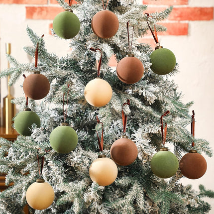 Liliful 15 Pcs Velvet Christmas Balls Bulk Flocked Christmas Tree Ball Ornaments Plastic Balls Xmas Decorative Hanging Ornaments Christmas Tree Decoration (Brown, Green, Beige,3.15 Inch)