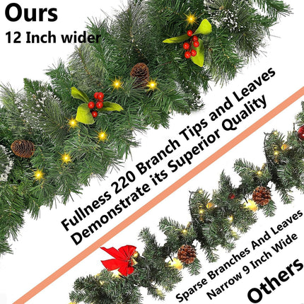 Juegoal 9ft Prelit Christmas Garland, Artificial Xmas Greenery Garland with 50 Warm White LED Lights, Battery Operated & Timer, Lighted for Indoor Outdoor Holiday Year Winter Garden Gate Home