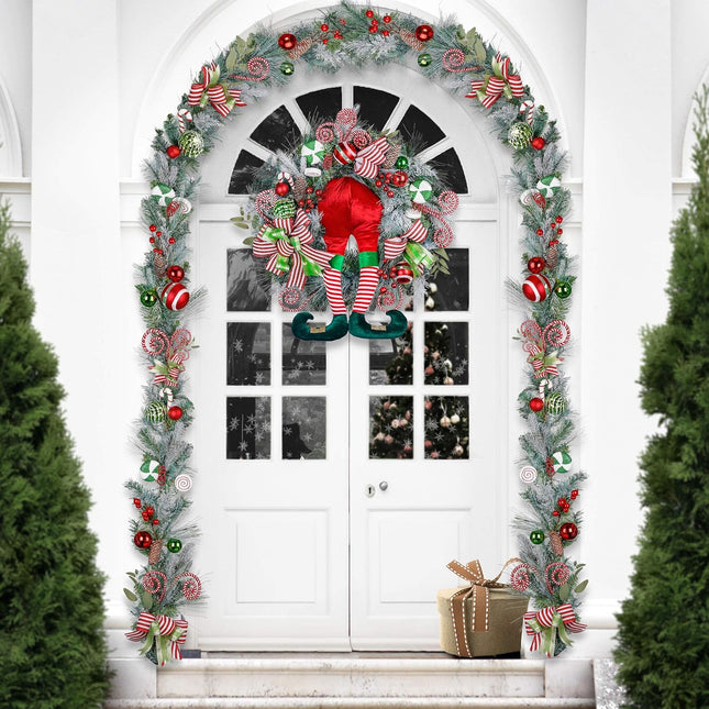 Valery Madelyn 9 feet Pre-Lit Christmas Garland with Lights for Mantle, Lighted Battery Operated Elf Xmas Garland with Red Green White Balls for Front Door Fireplace Table Centerpiece Outdoor Decor