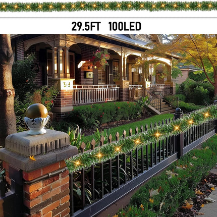 TW SHINE 30 FT Pre-Lit Christmas Garland Decorations, 100 LED Lighted Artificial Pine Garlands with 8 Modes, Green Garland for Indoor Outdoor Door Home Stairs Holiday Decor, Warm White