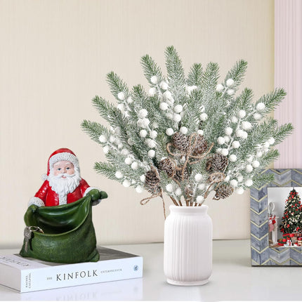 Sggvecsy 6 Pack Snow Frosted Christmas Berries Pine Picks Artificial White Berry Pine Branches Faux Pine Stem with Pine Cones for Xmas Tree Wreath DIY Craft Floral Arrangement Holiday Decor (White)