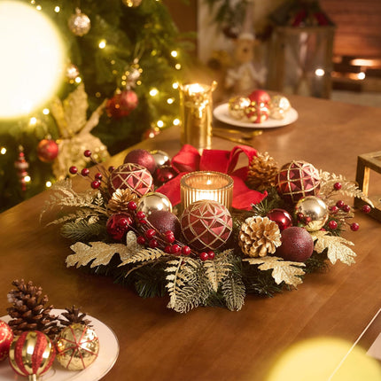 Valery Madelyn Pre-Lit Christmas Wreath for Front Door with Light, 20 Inch Large Lighted Christmas Wreath with Red Gold Xmas Ball for Fireplace Window Outdoor Table Centerpiece Holiday Home Decoration