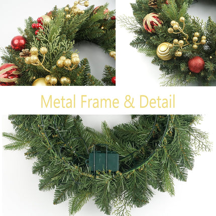 Christmas Wreath Pre-lit 24 inch with 50 Light & Red Gold Ball Pine Cone, Artificial Christmas Wreaths for Front Door with Lights, Wreath for Christmas Decoration Door Windows Wall Green