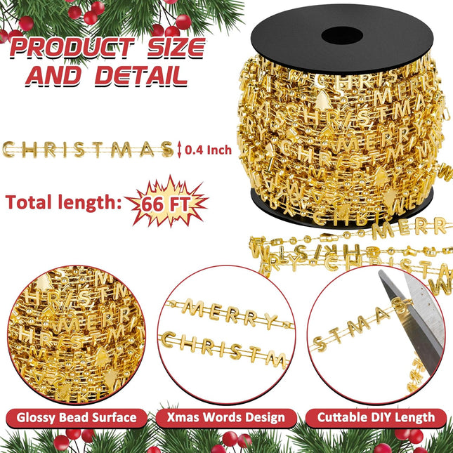 66 Feet Christmas Tree Beads, Merry Christmas Gold Bead Garland for Christmas Tree, Plastic Words Christmas Tree String Garland Beads, Faux Christmas Tree Decor for Xmas Holiday Home Mantle Wreath
