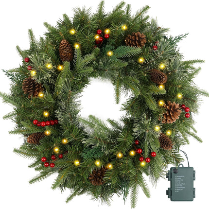 Christmas Wreath Pre-lit 24 inch with 50 Light & Pine Cone, Artificial Christmas Wreaths for Front Door with Lights, Wreath for Christmas Decoration Door Windows Wall Green