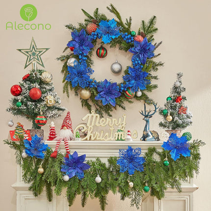 Alecono 24 Pcs Blue Christmas Artificial Flowers, Fake Tree Decor Shining Faux Floral with Clips DIY Xmas Berry Holiday Home Party Wedding Ornaments