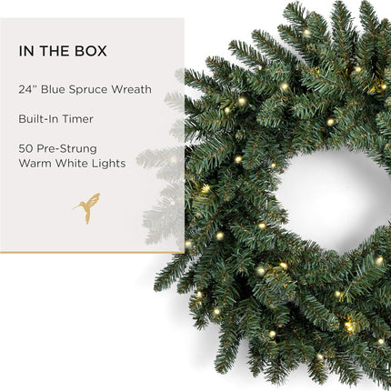 Papyrus 24" Pre-Lit Blue Spruce Artificial Wreath, Warm White Light, Battery Powered, Indoor/Outdoor