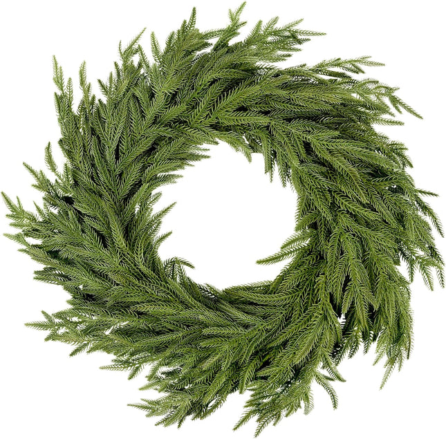 Christmas Norfolk Pine Wreath 24 Inch Green Wreaths for Front Door Artificial Cedar Wreath Faux Greenery Realistic Wreath for Christmas Porch Windows Indoor Outdoor Decor DIY Crafts
