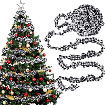 15 Yards Plaid Christmas Tree Garland Christmas Buffalo Plaid Ribbon Ruffled Homespun Fabric Garland Christmas Tree Ribbon Decorations for Christmas Home Wreath Staircase Tree Decor (White and Black)