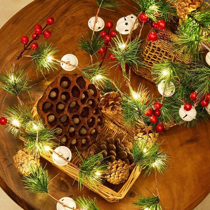 Fleeting Time Pine Cone Christmas Garland Lights, 2 Pcs 6.56 Ft 20 LED Lights String with Red Berry and Bells,Indoor Outdoor Thanksgiving Xmas Holiday Decoration (Bell)