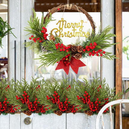 HyDren 20 Pcs Christmas Artificial Norfolk Pine with Cone and Berry, 17 Inches Artificial Greenery Norfolk Pine Stems Long Xmas Faux Pine Stem for Crafts Christmas Tree DIY Garland Holiday Wreath