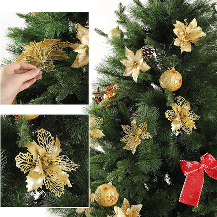 Whaline 24Pcs Christmas Poinsettia with 24Pcs Clips 4 Design Glitter Gold Artificial Flower Winter Party Supplies for Xmas Tree Ornament Wedding Birthday Wreath Decoration