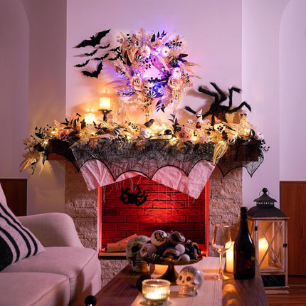 Valery Madelyn Christmas Halloween Fall Garland for Mantle with Lights, 6 Feet Pre-Lit Pink Roses White Pumpkin Garland Decorations for Table Centerpiece Indoor Stair Party Holiday Autumn Home Decor