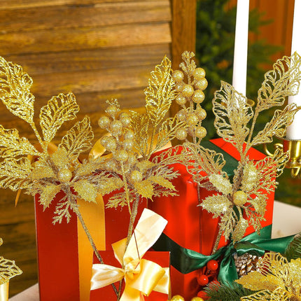 24 Pcs Artificial Glitter Christmas Tree Picks, Boxed 12 Poinsettia Flowers+ 6 Berry Stems+ 6 Flowers Berry Leaves Decorations Set, Indoor Outdoor Holiday Ornaments Decor, Gold